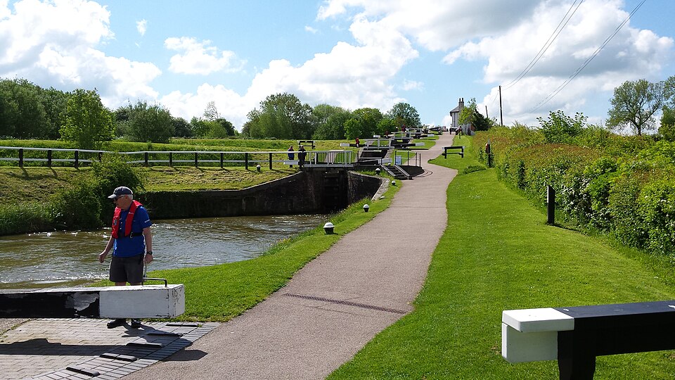 Narrowboat working through the lock flight at Foxton Locks, Leicestershire